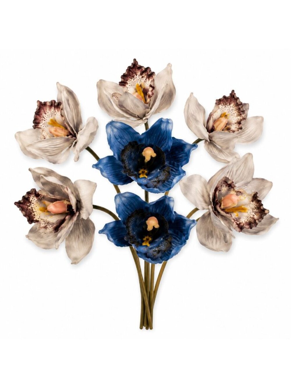 Blue Gray Cymbidium Orchid Flowers 7 Stem Faux Floral Bundle 9 Inch
